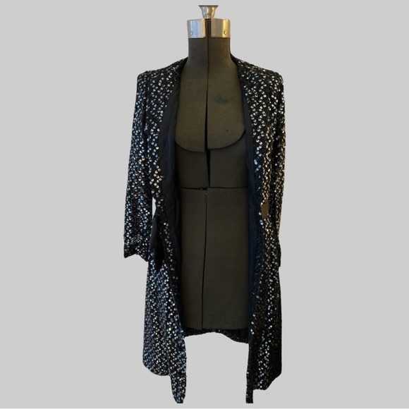 VINTAGE 60’s RONA NEW YORK BLACK SEQUIN EVENING JACKET WITH SATIN BELT, SIZE SM - Picture 5 of 9